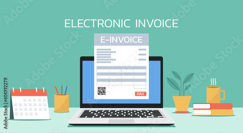 electronic invoice payment or financial transaction on laptop screen, vector flat illustration
