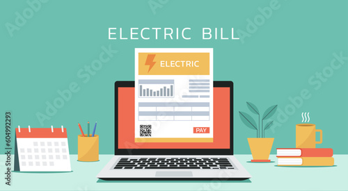 online payment on schedule date with electricity bill on laptop screen, vector flat illustration