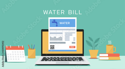 online payment on schedule date with water bill on laptop screen, vector flat illustration
