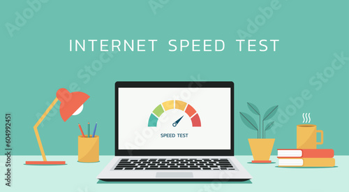 internet speed test on laptop screen, vector flat illustration