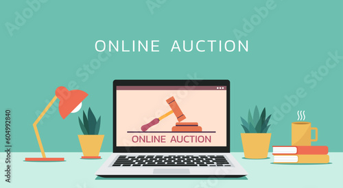 online auction concept with huge hammer on laptop  screen, vector flat illustration