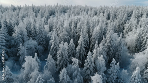 Winter's Whisper: Aerial Serenity Over a Finnish Winter Forest. Generative AI © Sascha