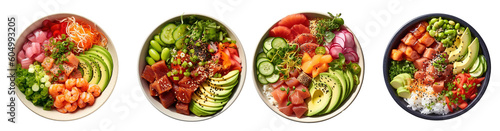 Hawaiian poke bowl set: tuna, salmon, shrimp with avocado, mango, radish, rice and other ingredients. Soy sauce and sesame dressing. top view on transparent background photo