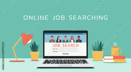 job searching online website with occupation business people avatar on laptop screen, vector flat illustration
