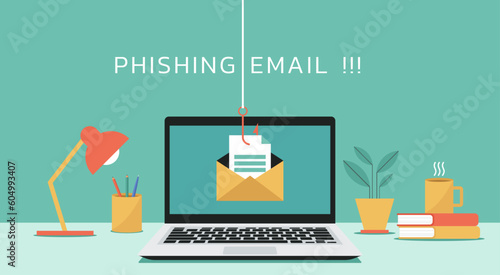 cyber crime concept, phishing email scam on laptop screen with fishing hook, vector flat illustration