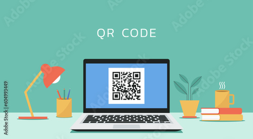 Qr code on laptop screen for getting information or cashless online payment, vector flat illustration