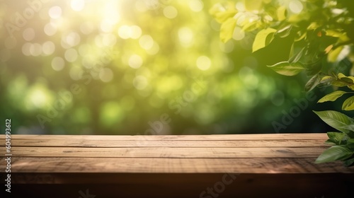 Wooden planks on green grass with a blurred background with space to place products Generative AI