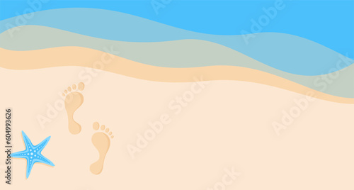 Footprints on the sand near the sea waves, top view. Flat vector illustration