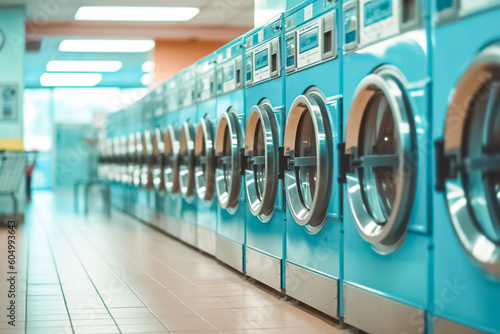 Row of industrial public laundry, washing machines in laundromat. 
