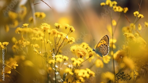 Beautiful Yellow butterfly flying on Yellow plant Generative AI	
