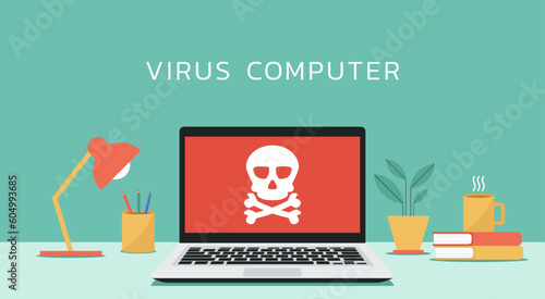 skull warning sign notification alert on laptop screen, vector flat illustration