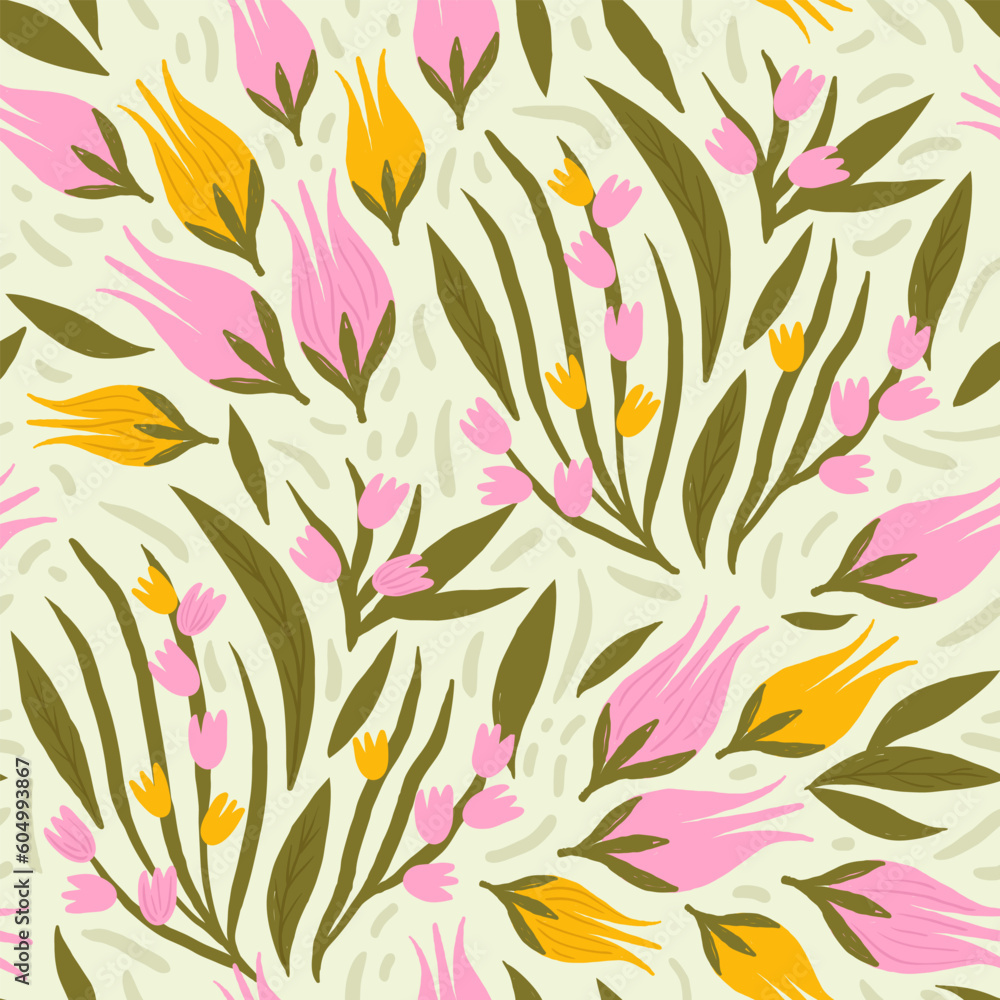 endless flower flow. pink tulips and cute flowers with leaves on a seamless background. hand drawn colored buds. vegetable pattern.