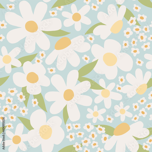 doodle daisies scattered randomly in an endless pattern. hand-drawn white daisies on a blue background. naive cute flowers.