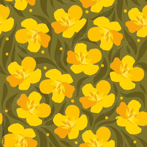 yellow flat flowers hand drawn on a sunny green background. sunny blooming pattern. seamless background with yellow flowers.