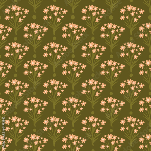 geometric floral pattern in warm colors. green seamless background with blooming bouquets. exquisite botanical wallpaper.