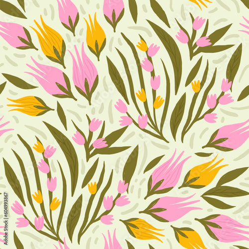 endless flower flow. pink tulips and cute flowers with leaves on a seamless background. hand drawn colored buds. vegetable pattern. © raykova