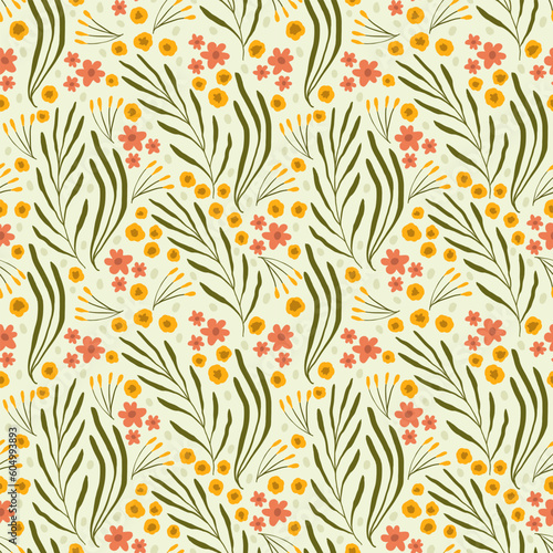 flying pattern with twigs and leaves with flowers. flat botanical pattern. yellow and red flowers.