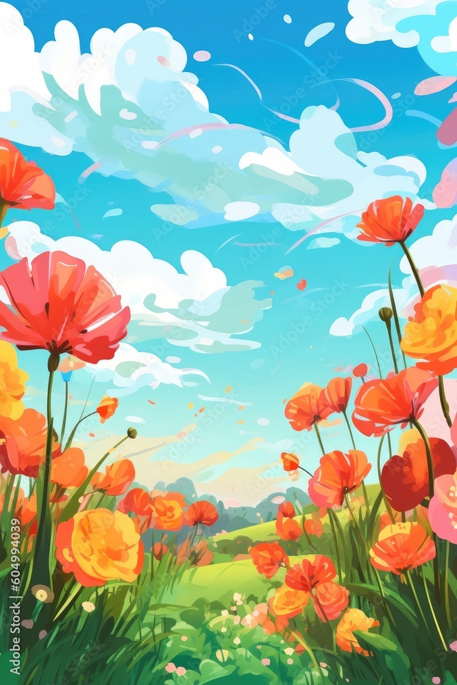 Obraz premium An illustrated natural background of spring flowers. (Generative AI)