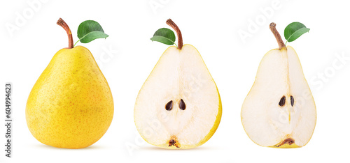 Fresh yellow pears whole and cut in half, quarter, with green leaf