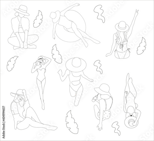A set of beautiful girls resting on beach, enjoying vacation with hat, swmming ring, leaves, shirt in one line art on white background