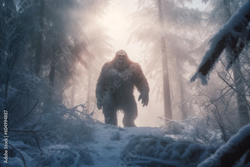 Moody image of a bigfoot standing in the middle of a snowy forest