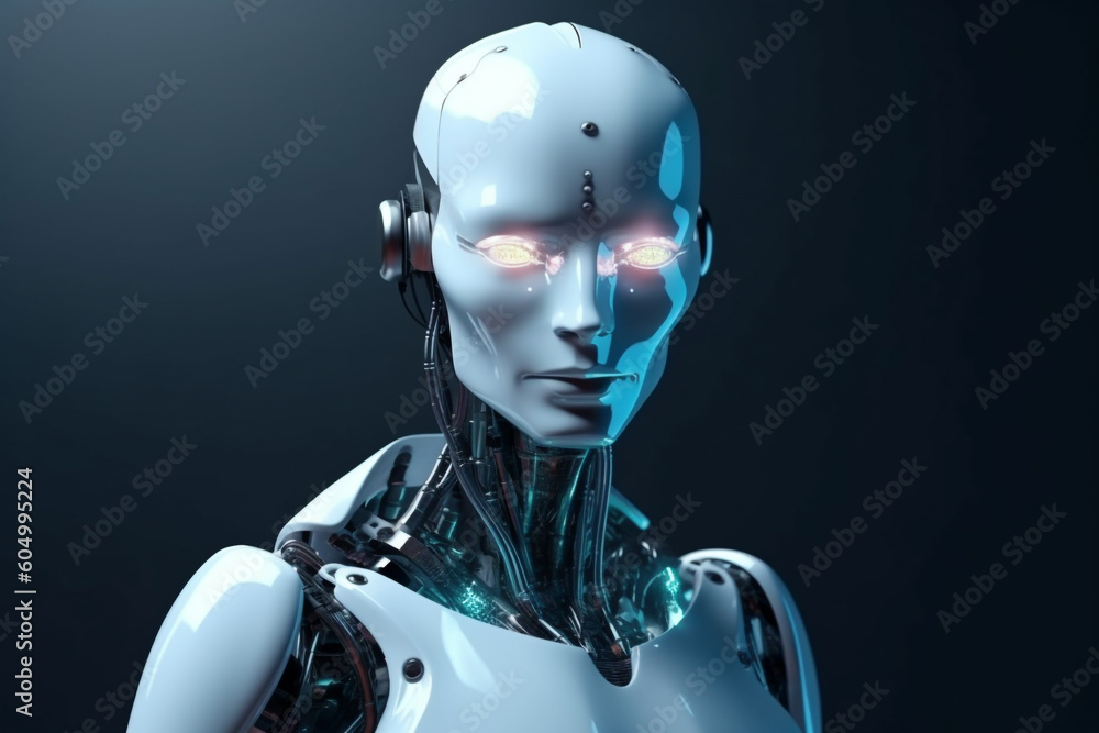 Sci-fi, technology concept. Advanced artificial intelligence robot portrait. Modern futuristic robot human assistant. Generative AI