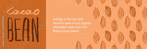 Panoramic template banner for Flavorful Organic Chocolate with hand-drawn Cocoa Beans Illustrations. Chocolate packaging design, cocoa powder label, organic cacao butter backdrop. Cocoa cosmetics.