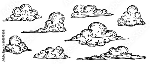 A set of sketches, doodles of various clouds.Vector graphics.