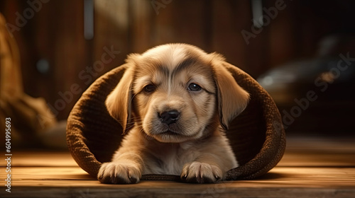 Authentic and unique photo of a mixed breed puppy with her paws by her head covering her ears. Created with generative AI technology.