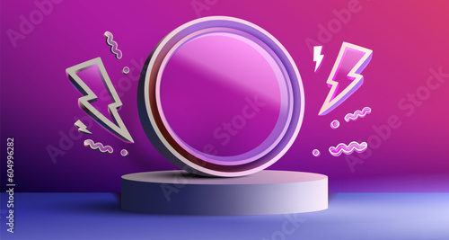 Scene mega sale, the lightning symbol, super offer podium banner, minimal pedestal. Vector illustration