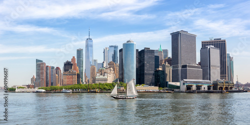 New York City skyline of Manhattan with World Trade Center skyscraper and sailing ship panorama in the United States © Markus Mainka
