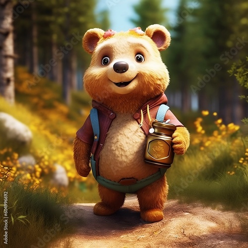 A cute happy bear with honey jar  Generative AI illustrations