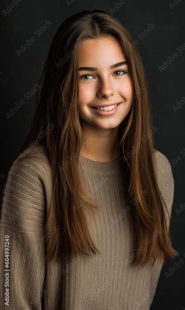 Smiling beautiful teenage girl posing in a studio shot looking at the camera. Generative AI Smiling beautiful teenage girl posing in a studio shot looking at the camera. Generative AI
