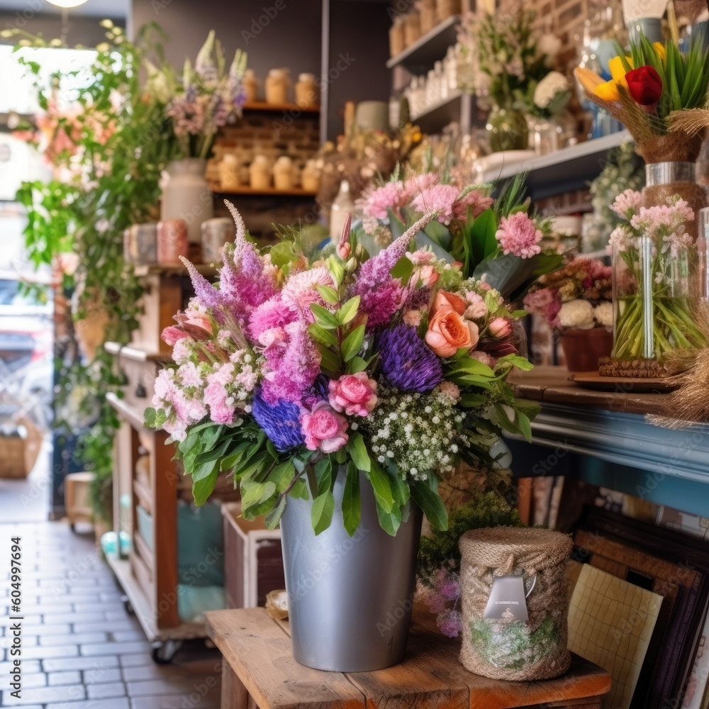 Fototapeta premium The florist shop sells a beautiful spring flower bouquet. (Generative AI)