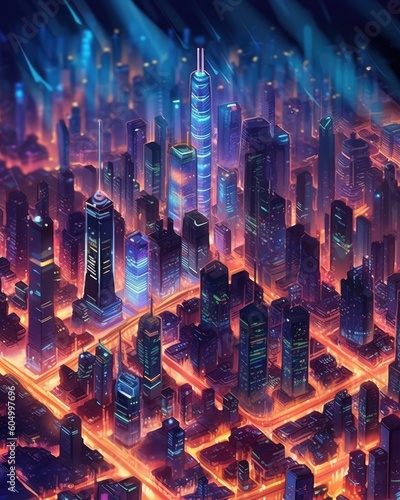 City skyline lit up by neon lights at night. Generative AI
