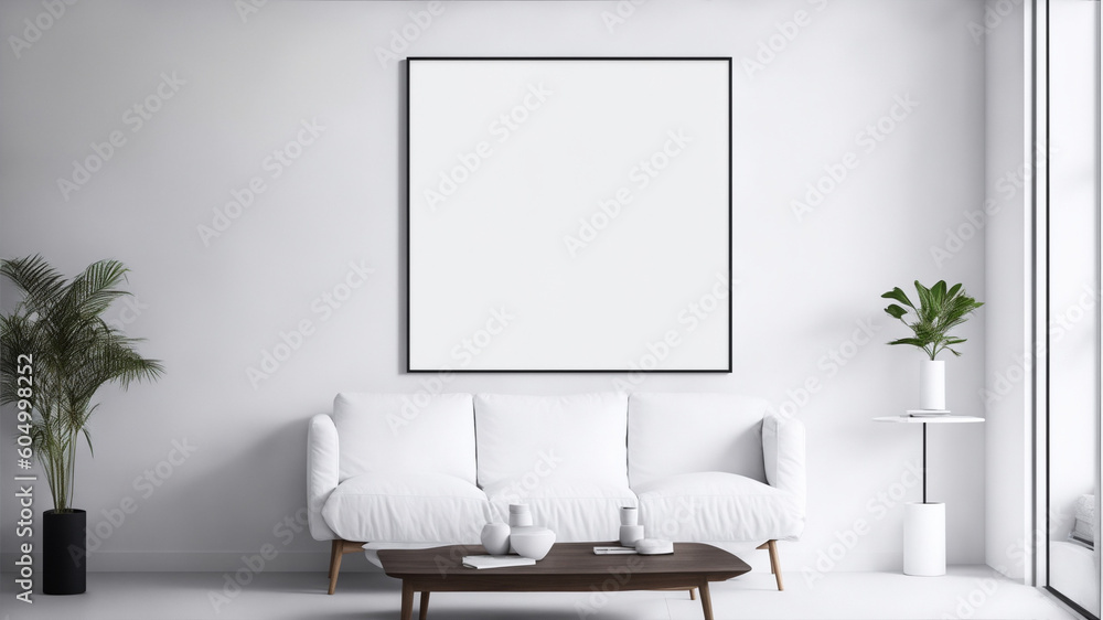 Blank horizontal poster frame mock up in minimal style living room interior, modern living room interior background, generative ai Blank horizontal poster frame mock up in minimal style living room interior, modern living room interior background, generative ai