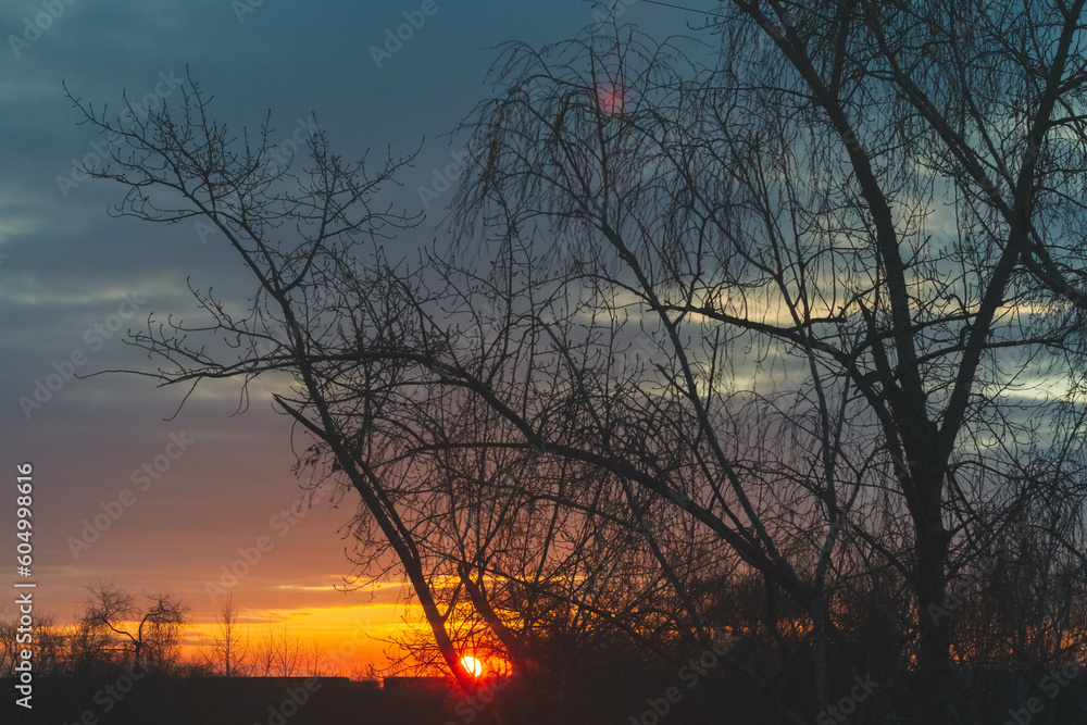 Beautiful morning dawn in spring. Fantastic dawn of the spring sun. Red shades and black silhouettes of trees. Beautiful morning dawn in spring. Fantastic dawn of the spring sun. Red shades and black silhouettes of trees.