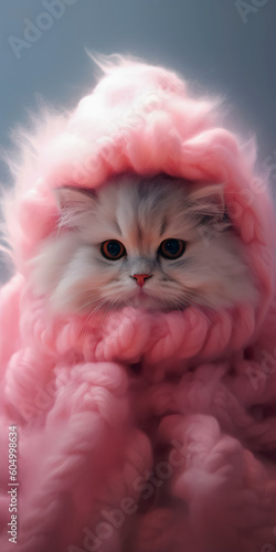 White cat wrapped in fluffy pink scarf