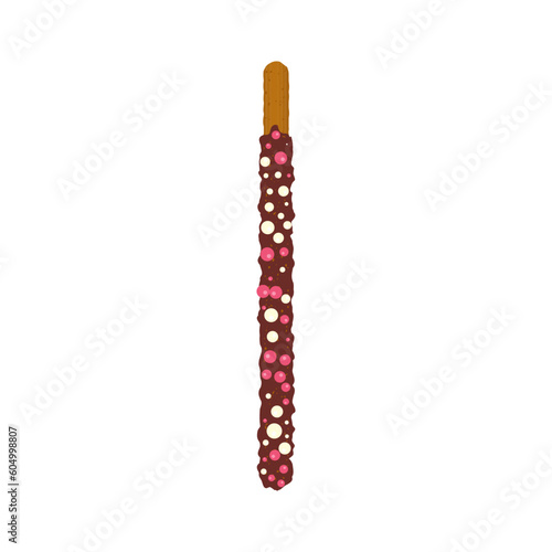 Chocolate chip cookie stick dipped in sprinkles. Decorated popping candy for Pepero day in Korea. Frosted crunchy biscuit dessert. Vector illustration