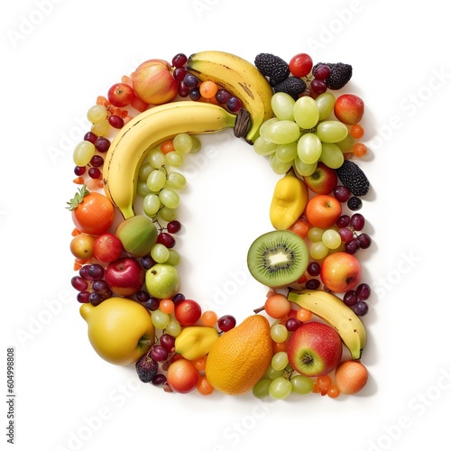 fruit, letter, alphabet, food, apple, orange, fruits, fresh, grape, healthy, banana, grapes, isolated, green, ripe, red, strawberry, diet, lemon, tropical, pineapple, kiwi, pear, generative ai