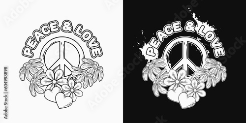 Label wit peace sign,chamomile, paint splatter, hearts. Concept of peace, love and harmony. For clothing, apparel, T-shirts, surface decoration. Retro style illustration
