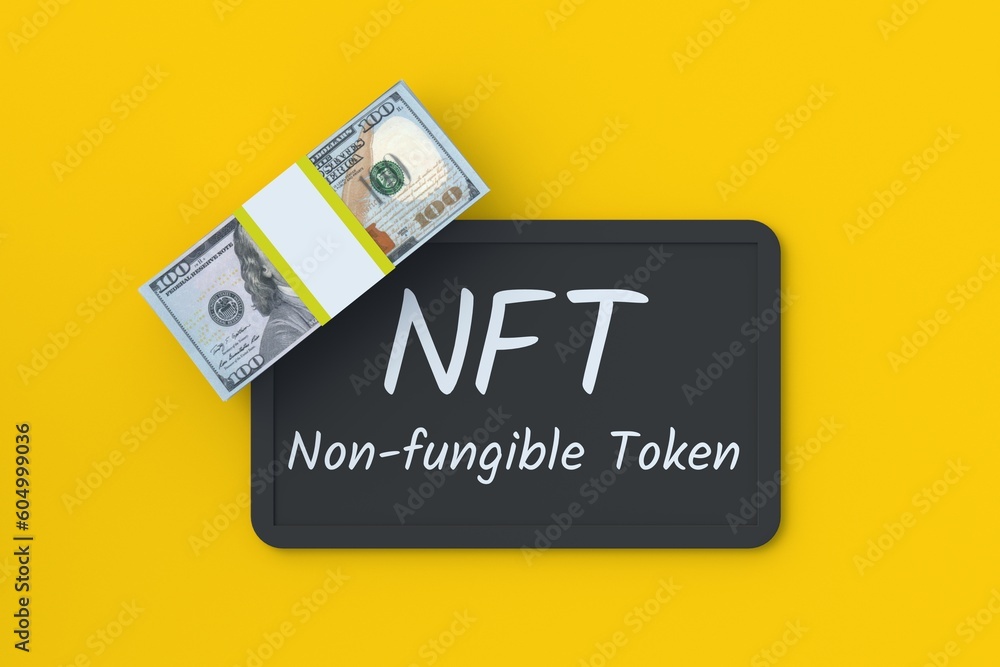 NFT inscription on chalkboard near money. Non-fungible token. Blockchain technology concept. Digital marketing. Modern art. Crypto artwork. Top view. 3d render NFT inscription on chalkboard near money. Non-fungible token. Blockchain technology concept. Digital marketing. Modern art. Crypto artwork. Top view. 3d render
