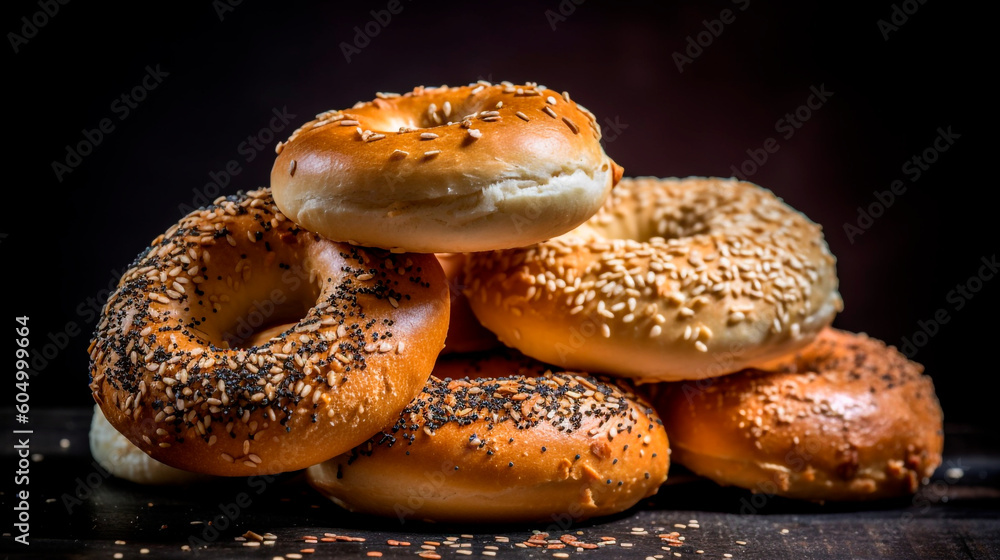 Freshly Baked Bagels: A Close-up of Handmade Artisanal Delights. Generative AI. Freshly Baked Bagels: A Close-up of Handmade Artisanal Delights. Generative AI.