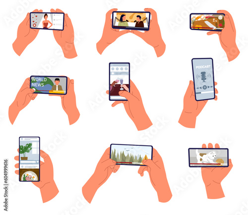 Hands holding a smartphone. Watching videos online on mobile phone screen. Podcast, news, watching video online, talk show, tv application, live streaming. Concept of news