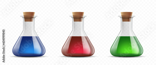 Collection of glass bottles or beakers with potion or poison. Templates are isolated on a transparent background. Vector illustration