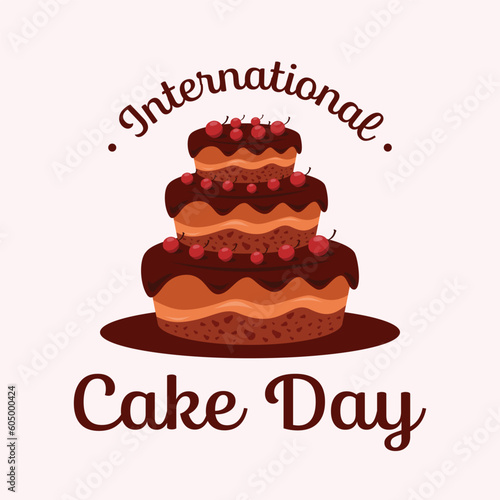 International Cake Day calligraphy hand lettering with brown cake and cherry fruit