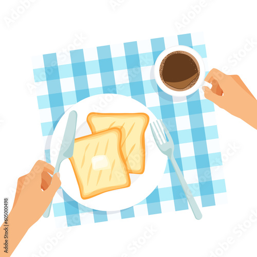 Delicious breakfast on a plate top view. Toast with butter and coffee. Table with tablecloth. Hands is holding fork and knife. Vector illustration.