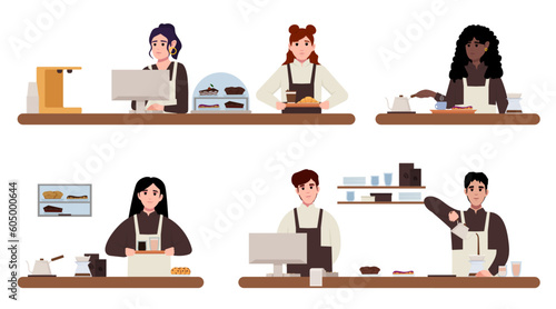 Barista is making hand drip coffee. Barista in apron making Coffee, cappuccino, pouring milk to coffee. Coffee queue, cartoon male an female morning crowd