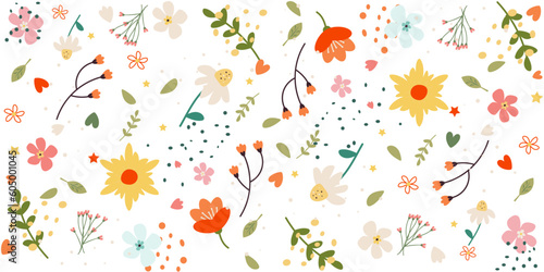 Multicolored flowers on a white background. Pretty floral pattern for print. Flat design vector.