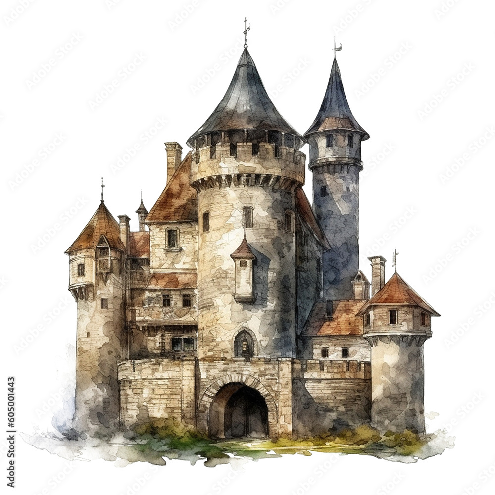Medieval Castle Clipart, Detailed Watercolor Motif, PNG Transparent, Generative AI